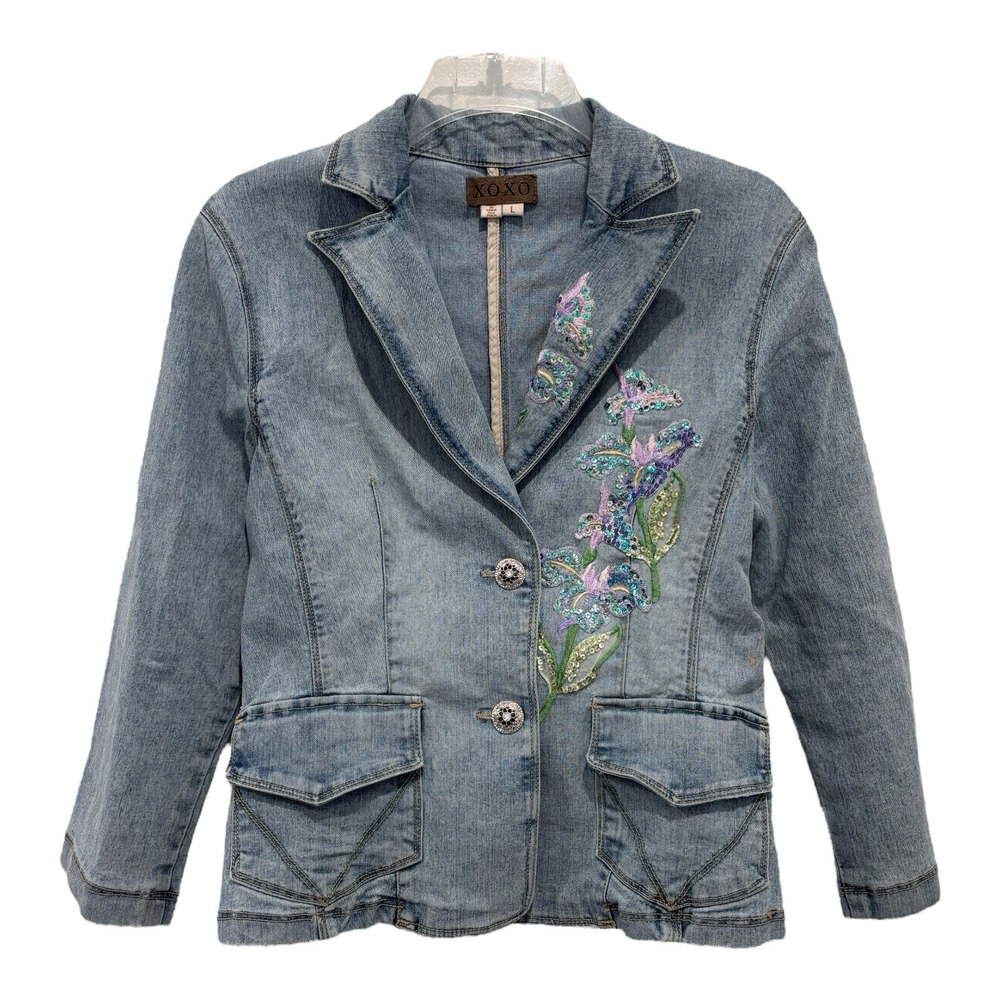 XOXO Denim Blazer Jacket Womens L Floral Embroidered‎ Sequin Beaded Y2K Retro